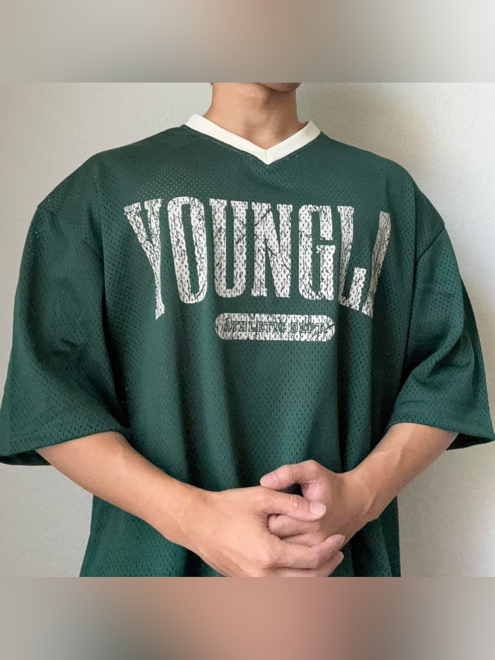 YoungLA Logo Graphics Meshed Green Boxy Jersey